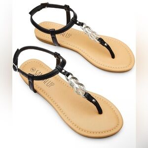 SANDALUP Thong Flat Sandals with Ring Metal and Adjustable Ankle Buckle Black